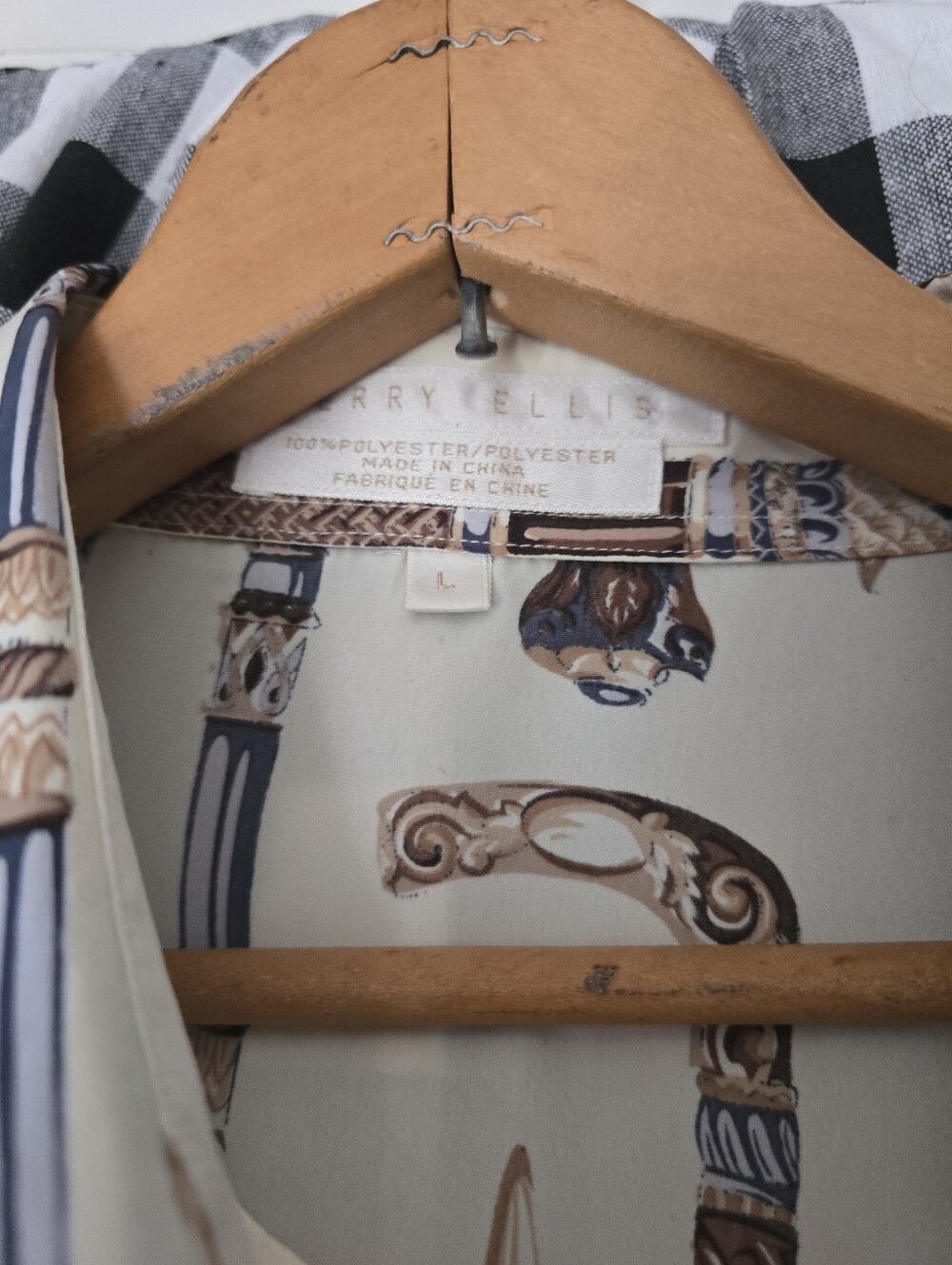Perry Ellis Cream Blouse with Blue and Brown Print - Picture 2 of 2